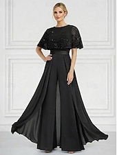 abordables Monos de mamá-Traje de pantalón Hasta el Suelo Vestido formal Vestido de Madrina Manga Corta Cuello Barco Elegante Sencillo Embellecido Formal Invitado a la boda Iglesia Gasa con Cuentas Apliques