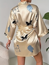 cheap Women's Robes-Women's Loungewear Robe Nightgown Fashion Casual Graphic Butterfly Satin Silky Pajamas Pyjamas Patchwork Dress Home Vacation Half Sleeve V Neck Champagne Summer Spring Regular Fit Loose Fit