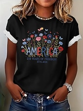 baratos Dia da Independência Top-Dia da Independência Americana Mulheres Camiseta Imprimir Floral Gráfico Bandeira à moda Clássico Casual Manga Curta Gola Redonda Decote Redondo Tops regulares Casual Diário Azul Preto Branco Rosa
