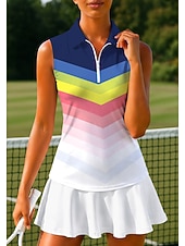 お買い得  女性用シャツ-女性用 幾何学模様 縞柄 トップス スポーツシャツ ポロシャツ テニスシャツ ノースリーブ ジッパー 花柄 UPF50+ UV耐性 高弾性 吸汗性 高通気性 テニス ゴルフ ピクルスボール 折襟 Ｖネック スカート シャツ 青と白 ブルー パープル テニスウェア