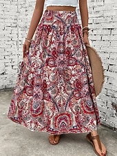 abordables Faldas de Vacaciones-Mujer Falda de vacaciones Bohemia Vintage Casual Maxi Alta cintura Faldas Cachemir Estampado Elástico Diario Calle Negro Vino Rojo Naranja Verano