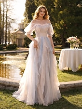 preiswerte Lange Kleider &amp; Abendkleider-A-Linie Bodenlang Abiballkleider Farbblock Feenstil Halbarm Rundausschnitt Hochzeitsgast Hochzeitsfeier Tüll mit Falten Rüschen