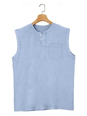  Vintage-Tanktop für Herren, 100 % Baumwolle, Acid-Wash-Optik, ärmelloses Unterhemd, Henley-Shirt, schlichtes Sommer-Design, Basic-Tasche, Knöpfe, Urlaub, Streetwear, schwarzes T-Shirt für Herren