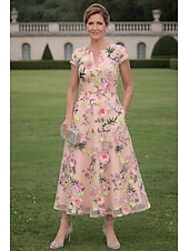 ieftine Lungimea gleznei-Linia -A Rochii Lungime Gleznă Lungimea ceaiului Rochie pentru invitata de nunta Rochie Mama Miresei Manșon scurt Stil Nautic În V Elegant Pastel Oficial Invitat la nunta Semi formal Dantelă cu Flori
