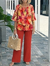  Per donna Set di Pantaloni Manica 3/4 Girocollo Floreale Grafico Elegante Vacanza Casuale Quotidiano Vacanza Rosso Blu Reale Viola Estate Vestibilità regolare