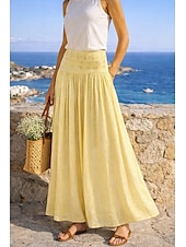 economico Gonne casual-Per donna Gonna da vacanza Bohemien Vintage Moda Etnico Maxi Vita Alta Gonne Semplice Arricciato Patchwork Foratura a caldo Inelastico Spiaggia Vacanza Blu Verde mela Marrone rossastro Giallo Chiaro