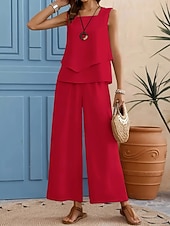 preiswerte Blusenanzüge für Damen-Damen Hosen-Sets Ärmellos Quadrathals Einfach Gerafft Elegant Mode Streetwear Lässig Täglich Outdoor Schwarz Rote Beige Sommer Normale Passform Lässiger Schnitt