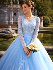 abordables Robes Longues &amp; Gowns-Robe de Bal Longueur Plancher Robes de Promo Princesse Bouffante Manches Longues Col en V Performance Quinceanera avec Cristaux Appliqués