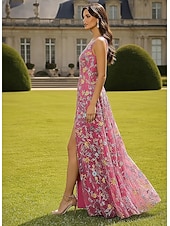 cheap A-Line Evening Dresses-A-Line Floor Length Evening Gown Formal Dress Elegant Floral Sleeveless V Neck Garden Party Wedding Lace with Embroidered Flower Slit Embroidery