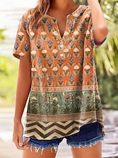economico Arte &amp; Design Bluse-Per donna Camicia Bottoni Stampato Floreale Grafico Paisley Elegante Classico Casual Manica Corta Scollo a V Top lunghi Casuale Quotidiano Uscire Blu Arancione Estate Primavera