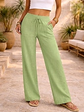 cheap Bottoms-Women's Linen-feel Pants Summer Pants Vacation Basic Full Length Medium Waist Plain Drawstring Comfort Micro-elastic Daily Blue Depression Green Apricot Grey Summer Spring