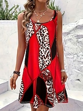 abordables Arte &amp; Diseño Vestidos-Mujer Vestido hasta la Rodilla Vestido de verano Vestido de una línea Vacaciones Casual Boho Playa Fiesta Boda Ajuste regular Graphic Leopardo Geométrico Sin Mangas Escote en U Amarillo Rojo Naranja