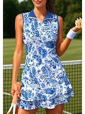 cheap Women's Tennis Dress-Women's Floral Floral Botanical Tennis Dress Sports Dress Sleeveless Floral Breathable Tennis Golf Badminton Polo Collar Zip Collar Shorts Dress Blue and White Tennis Clothing