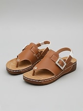 abordables Sandalias Planas-Sandalias de cuña para mujer con hebilla de pedrería naranja, sandalias de verano con tira ajustable, calzado casual cómodo de punta abierta para uso diario y viajes. &amp;paseo por el jardín