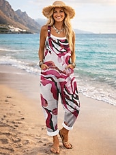 cheap Art&amp;Design Jumpsuit-Women's Overall Active Color Block Sleeveless Sleeveless Square Neck Pocket Print Daily Vacation Loose Fit Red Summer