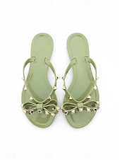billige Sklisandaler-svarte sløyfeflip-flops med pigg for kvinner – elegante strandsandaler med komfortabel flat såle for sommerbruk