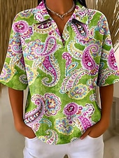abordables T-shirt rayé et géométrique-Femmes Tee-shirt Gaufre Tops tricotés texturés Graphique Géométrique Abstrait Élégant ancien Classique Demi Manches Col Polo Hauts Réguliers Occasionnel Quotidien Rose Claire Vert Kaki Été Printemps