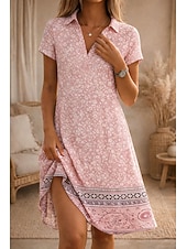 cheap Boho Dress-Women's Knee Length Dress A Line Dress Vacation Casual Boho Beach Regular Fit Floral Graphic Short Sleeve V Neck Blue Pink Purple Green Summer Spring