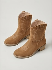 cheap Women-Women's Taupe Suede Western Ankle Boots - Classic Cowboy Short Boots with Embroidery &amp; Block Heel for Outdoor Music Festivals, Country Concerts &amp; Boho Style