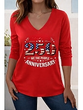  T-shirt femme américaine du jour de l'indépendance impression graphique drapeau national géométrique élégant vintage stylé à manches longues col rond col en V hauts réguliers quotidien weekend bleu