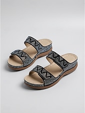 abordables Mujeres-Sandalias blancas de cuña cómodas para mujer: sandalias planas con doble tira adornadas con brillantes pedrería y suela de plataforma ortopédica para resorts al aire libre y vacaciones en la playa.