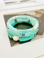 billige Damearmbånd-Bohemsk 3-delt armbåndssett i akryl for kvinner, elastiske, stabelbare armbånd, perfekt for strandferie, hverdagsbruk og sommertilbehør