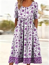 economico Abiti casual floreali-Per donna Abito Midi Abito a Tubino Vacanza Casual Boho Quotidiano Abito Estivo Abito Primaverile Vestibilità regolare Floreale Grafico Mezza Manica Girocollo Blu Fucsia Estate Primavera