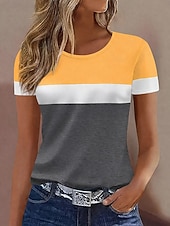 billiga Randig och geometrisk t-shirt-Dam T-shirt Färgblock Mönster Grafisk Geometrisk Randig Vintage Mode Stylish Kortärmad Rund hals Vanliga toppar Dagligen Blå Gul Brun Grå Sommar Vår