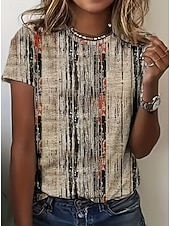 abordables Camiseta a rayas y geométrica-Women's T Shirt Print Graphic Geometric Striped Vintage Stylish Classic Short Sleeve Crew Neck Regular Tops Casual Daily Blue Light Green Pink Light Brown Black Summer Spring