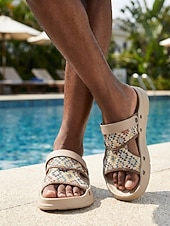 cheap Men-Men's Beige Snakeskin Print Slide Sandals Open-Toe Casual Summer Footwear Lightweight Comfort Shoes for Beach Vacation, Resort Wear, Travel, Poolside Relaxing and Daily Leisure