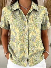 Χαμηλού Κόστους Τέχνη &amp; Σχεδίαση Μπλούζες-Γυναικεία Πουκάμισο Κουμπιά Στάμπα Γραφική Λαχούρι Βίντατζ Στυλάτο Μοντέρνα Κοντομάνικο Κολάρο Πουκαμίσου Κανονικά μπλουζάκια Causal Καθημερινά Θαλασσί Κίτρινο Ανθισμένο Ροζ Βαθυγάλαζο Βυσσινί