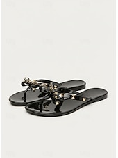 billige Sklisandaler-svarte sløyfeflip-flops med pigg for kvinner – elegante strandsandaler med komfortabel flat såle for sommerbruk