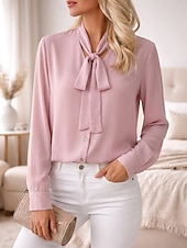 abordables Blusas Sencillas-Mujer Tops de verano Elegante Básico Manga Larga Corbata en el cuello Escote en Pico Tops regulares Casual Oficina Verde Hierba Negro Blanco Rosa Morado Verano Primavera Otoño