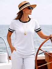 economico T-shirt a righe e geometrico-Per donna Maglietta Blocco di colore Stampato Grafico Geometrico Oceano Vintage Moda Elegante Manica Corta Girocollo Top Regolari Quotidiano Blu Bianco Rosso Blu marino Estate Primavera