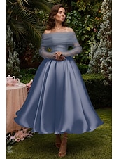 preiswerte Cocktailkleider-Ballkleid A-Linie Knöchellänge Cocktailkleider Partykleider Elegant Vintage Langarm Schulterfrei Hochzeit Formell Abnehmbar Satin mit Schal