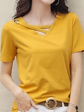 tanie gładka koszulka-Damskie Podkoszulek Koszulka Przekrój krzyżowy z otworem Równina Moda Elegancki Klasyczny Krótki rękaw W serek Zwykłe topy Codzienny Wyjściowe Weekend Czarny Biały Żółty Rumiany róż Zielony Lato