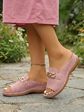 cheap Slide Sandals-Women's Pink Clog Sandals – Open Toe Hand-Stitched Comfort Sandals with Metal Buckle For Garden, Travel &amp; Casual Daily Wear