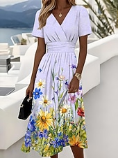  Per donna Abito Midi Abito a Tubino Vacanza Casual Boho Quotidiano Abito Estivo Abito Primaverile Vestibilità regolare Floreale Grafico Manica Corta Scollo a V Blu Giallo Rosa La luce rossa Estate