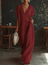 economico Vestiti-Per donna Abito maxi Abiti effetto lino Abito a trapezio Casual Quotidiano Vestibilità comoda Semplice Manica Corta Scollo a V Blu Nero Bianco Giallo Estate Primavera