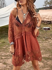 Χαμηλού Κόστους Φορέματα παραλίας-Γυναικεία Μαγιό Που καλύπτει Μαγιό-φόρεμα Μαγιό Δαντέλα Διακοπές Ρούχα παραλίας Συμπαγές Χρώμα Λαιμόκοψη V Μακρυμάνικο Μαγιό