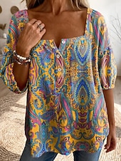 billige Kunst og Design Bluser-Dame Bluse Trykt mønster Grafisk Geometrisk Årgang Daglig Stilfull Halvlange ermer Firkantet hals Vanlige topper Avslappet Daglig Blå Gul Rød Oransje Sommer Vår