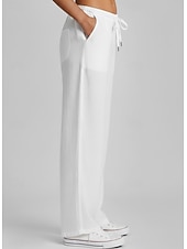 ieftine Pantalonii-pantaloni de vară pentru femei 100% bumbac mărimi mari, vară, vacanță, simplu, casual, zilnic, lungime completă, talie înaltă, culoare uni, șnur, picior larg, confortabil, uscare rapidă, micro-elastic, purtare zilnică, gri, negru, alb închis