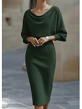 abordables Robes de Diplôme-Femmes Robe Midi Robe moulante Robes semi-formelles Bureau Coupe régulière Uni Manche 3/4 Col Bateau Bleu Noir Blanche Rouge Été Printemps Automne