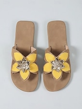cheap Slide Sandals-Women's Yellow Floral Slide Sandals – Open Toe Lightweight Summer Slippers, Casual Comfort Flats with Flower Detail for Vacation, Beach, Garden &amp; Daily Wear
