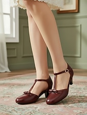 cheap 1950s Retro-Women's 1950s Vintage Burgundy Mary Janes - Elegant T-Strap Kitten Heels with Bow Detail for Retro Parties, Evening Events &amp; Classic Ladylike Style