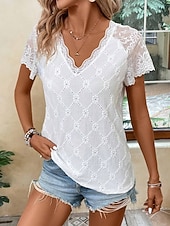 preiswerte Spitzenoberteile-Damen T Shirt T-Shirt Spitze Patchwork Einfach Mode Stilvoll Klassisch Kurzarm V Ausschnitt Normale Oberteile Täglich Ausgehen Wochenende Weiß Sommer Frühling