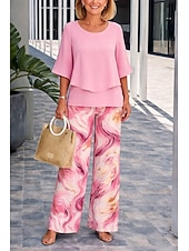 cheap Women's Blouse Suits-Women's Pants Sets Half Sleeve Butterfly Sleeve Round Neck Floral Graphic Elegant Vacation Casual Daily Beach Blue Pink Purple Spring &amp; Summer Loose Fit