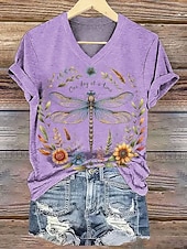 halpa Eläimet tee-Naisten T-paita Painettu Kukka Kuvitettu Sudenkorento Tyylikäs Klassinen Vapaa-aika Lyhythihainen V kaula-aukko Pitkät topit Päivittäin Valkoinen Punastuvan vaaleanpunainen Purppura Apila Kesä Kevät