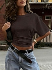 economico T-shirt semplice-Per donna Maglietta Arricciato Tinta unica Semplice Moda Elegante Classico Manica Corta Girocollo Top corti Quotidiano Uscire Weekend Marrone Scuro Nero Bianco Rosa Vino Estate Primavera