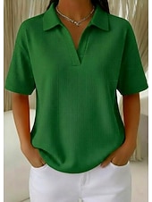 olcso Egyszerű póló-Női 100% pamut oversized bordázott kötött felsők póló Tee ejtett vállú stílusos alkalmi rövid ujjú V nyakú inggallér normál felsők napi szórakozás nyaralás viselet kék fehér narancs zöld világoskék